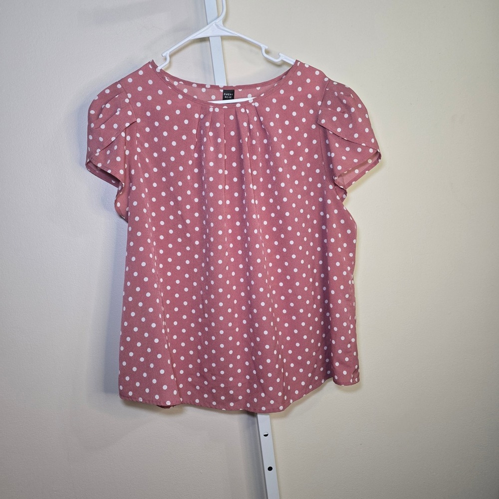 Emery Rose Polka Dot V-Neck Blouse Pink White Short Sleeve Top‎ Plus Size 2XL
